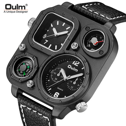 OULM 1169 Square Dial Two Timing Display Male Watch Luminous Hands Multifunction Genuine Leather Quartz Casual Men Wrist Watches