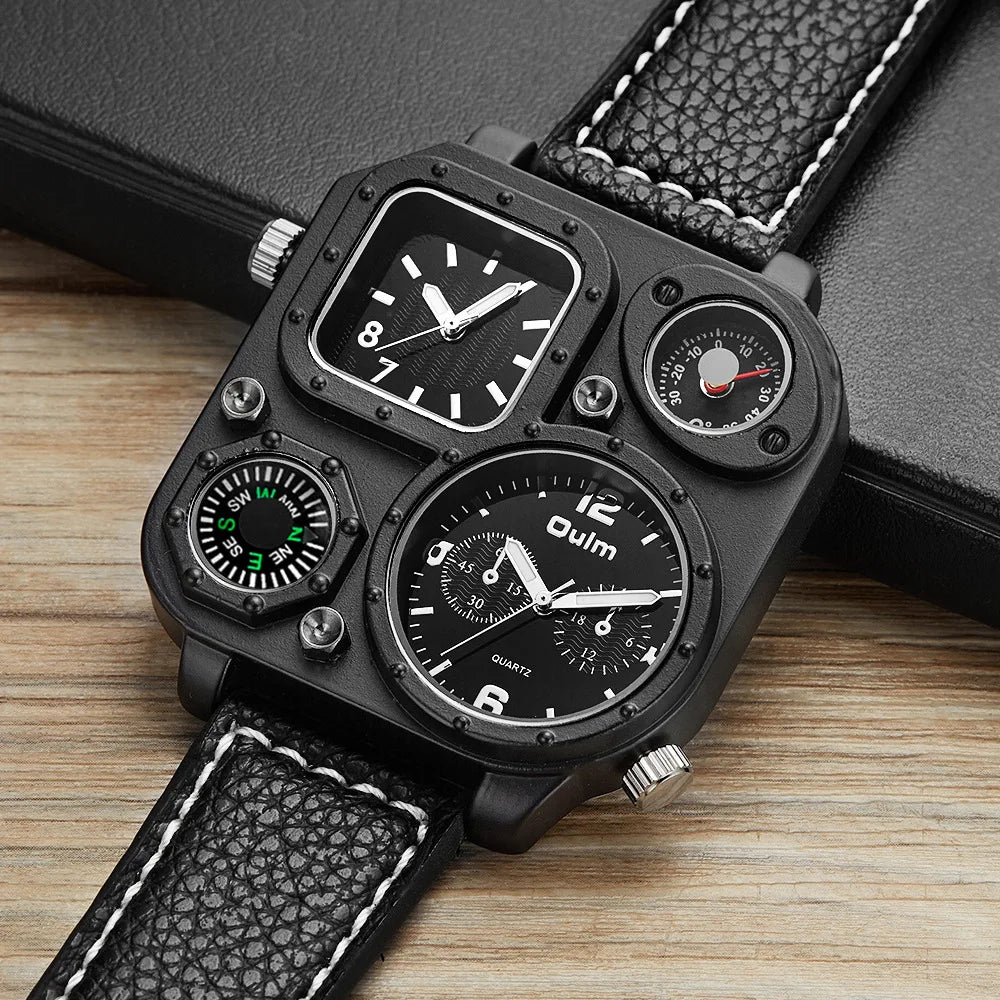 OULM 1169 Square Dial Two Timing Display Male Watch Luminous Hands Multifunction Genuine Leather Quartz Casual Men Wrist Watches