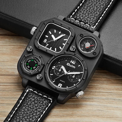 OULM 1169 Square Dial Two Timing Display Male Watch Luminous Hands Multifunction Genuine Leather Quartz Casual Men Wrist Watches