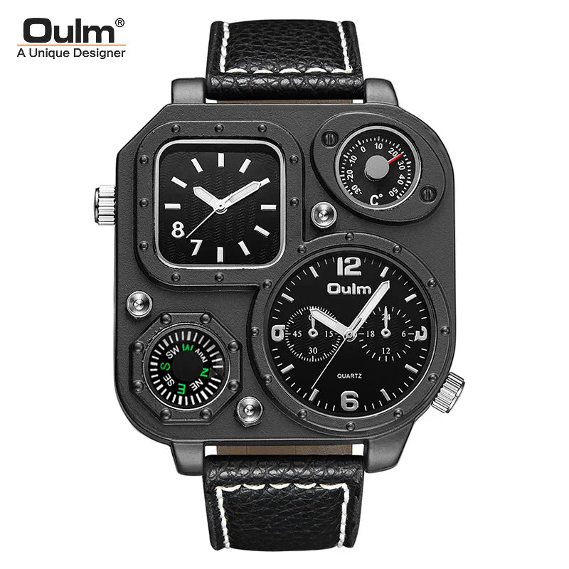 OULM 1169 Square Dial Two Timing Display Male Watch Luminous Hands Multifunction Genuine Leather Quartz Casual Men Wrist Watches