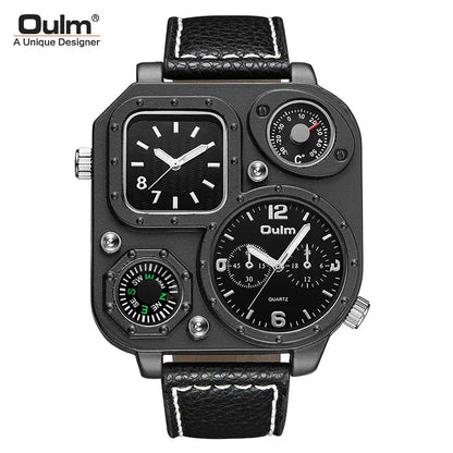 OULM 1169 Square Dial Two Timing Display Male Watch Luminous Hands Multifunction Genuine Leather Quartz Casual Men Wrist Watches
