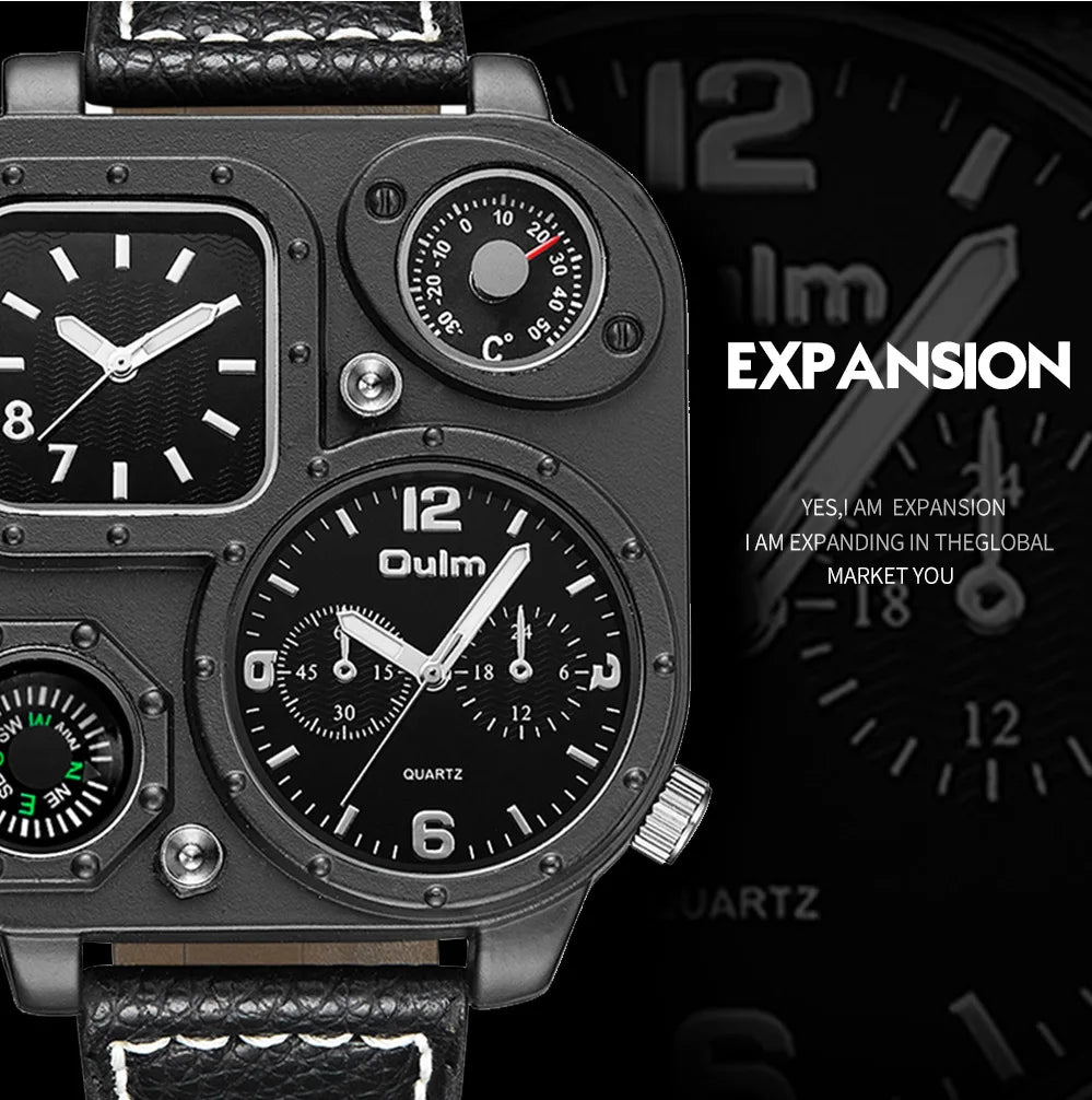 OULM 1169 Square Dial Two Timing Display Male Watch Luminous Hands Multifunction Genuine Leather Quartz Casual Men Wrist Watches