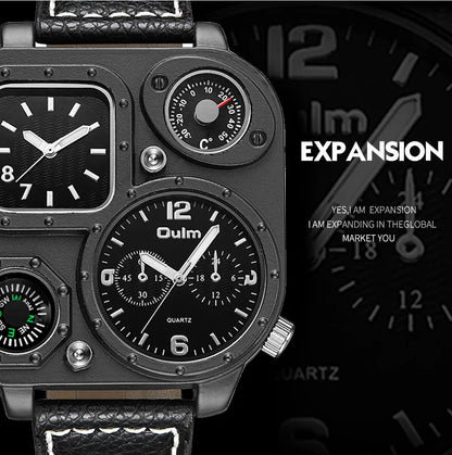 OULM 1169 Square Dial Two Timing Display Male Watch Luminous Hands Multifunction Genuine Leather Quartz Casual Men Wrist Watches