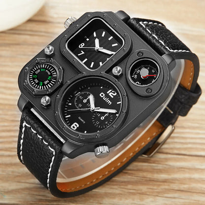 OULM 1169 Square Dial Two Timing Display Male Watch Luminous Hands Multifunction Genuine Leather Quartz Casual Men Wrist Watches