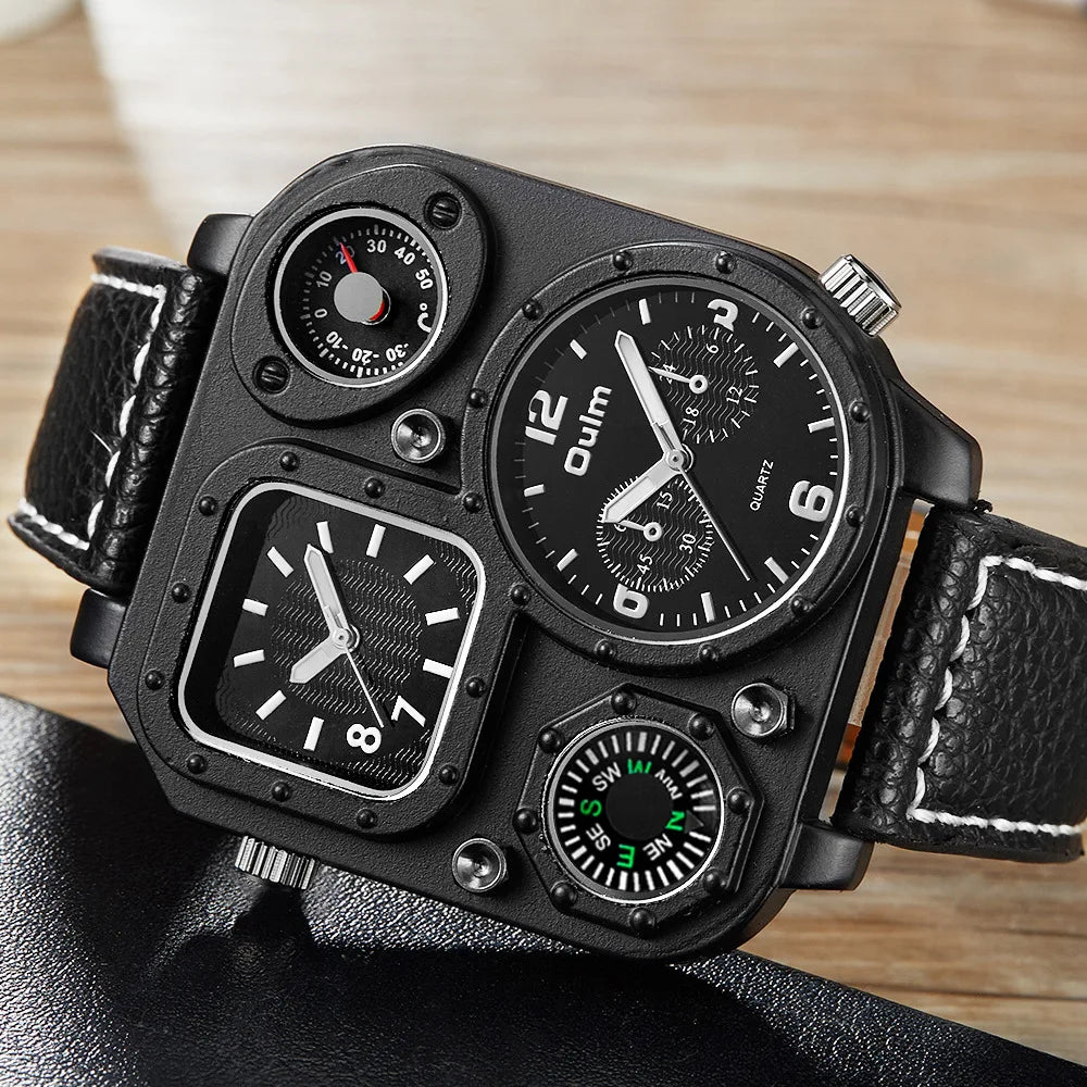 OULM 1169 Square Dial Two Timing Display Male Watch Luminous Hands Multifunction Genuine Leather Quartz Casual Men Wrist Watches